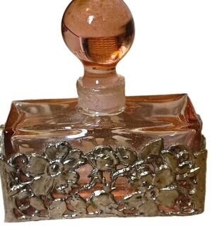 Vintage Pink Glass Perfume Bottle with Ormolu Filigree Base & Round Stopper